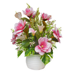 Cutout of an isolated bouquet of artificial flowers in a rustic vase for weddings and home deco...
