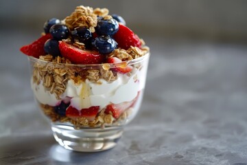 Yogurt with granola and berries on table