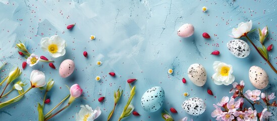 Easter-themed backdrop featuring Easter eggs and spring blooms, seen from above with room for text.