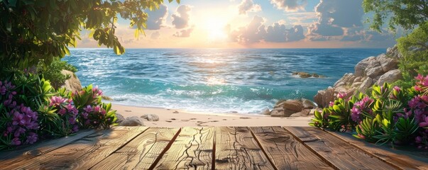 Table wood desk of free space and summer beach landscape - obrazy, fototapety, plakaty