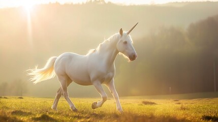 Obraz na płótnie Canvas A unicorn runs free in a spring field, sunshine, fantasy backgrounds with copy space.