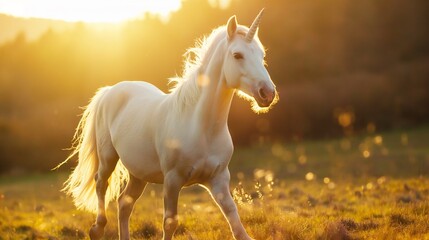 Obraz na płótnie Canvas A unicorn runs free in a spring field, sunshine, fantasy backgrounds with copy space.