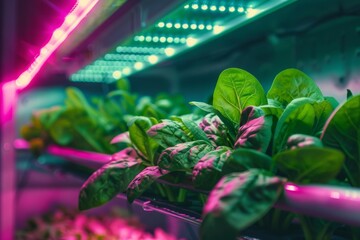 Seedlings on hydroponic farm with pink LED lighting