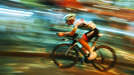 Naklejka premium A panning shot of a cyclists leg muscles bulging as they power through a turn.