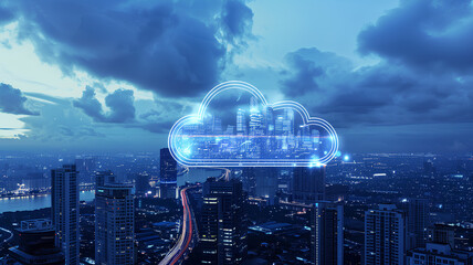 A cloud of data is projected onto a cityscape, with the city lights shining through the cloud. Concept of a vast amount of information being stored and processed in the digital world. big data