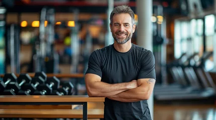 Foto op Canvas Gym, fitness and portrait of proud man standing with smile, motivation, health and energy for training. Coach, personal trainer or happy boxing club owner in studio for workout, coaching and wellness © BackgroundHolic