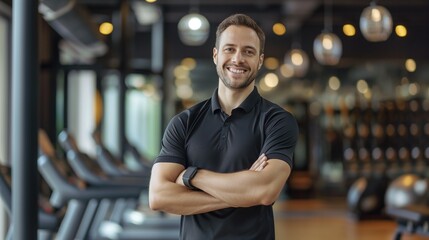 Gym, fitness and portrait of proud man standing with smile, motivation, health and energy for training. Coach, personal trainer or happy boxing club owner in studio for workout, coaching and wellness