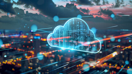 A cloud of data is projected onto a city skyline. Concept of technology and its impact on urban environments. The bright lights of the city and the glowing cloud of data suggest a futuristic
