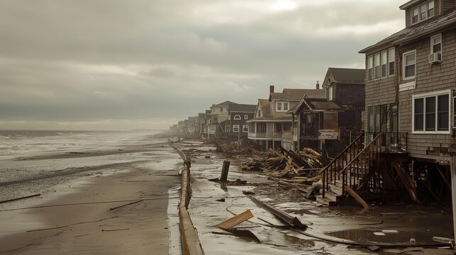 Hurricane Sandy destruction, Disaster, Wooden buildings completely destroyed by the passage of a major hurricane / super typhoon.
