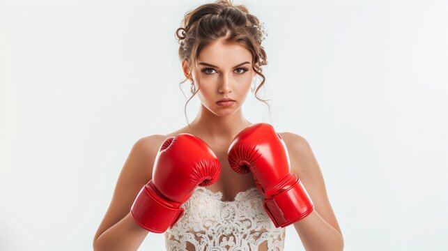 Bride wearing wedding dress and red boxing gloves isolated on white background, concept of marriage is a war, complicated human relationships.