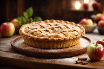 homemade sweet apple pie with sprinkled sugar on wooden board, delicious restaurant food menu