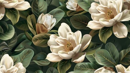 Magnolia blooms seamless pattern - obrazy, fototapety, plakaty
