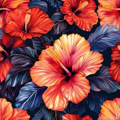 Fiery hibiscus blooms seamless pattern