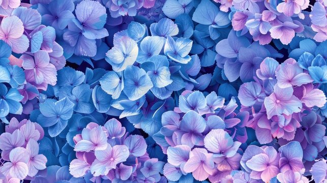Hydrangea seamless pattern in a range of blues and purples for a dense floral background