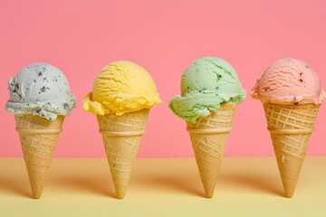 Various ice cream cones on pink background