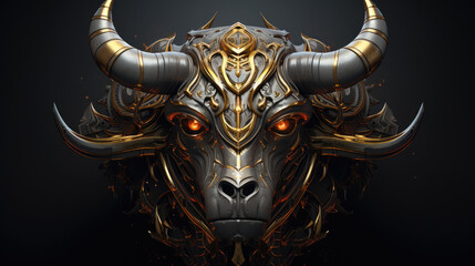 3d metallic golden buffalo, bull head on black beautiful texture background. Beautiful 3D print design for interior, wall, wallpaper, canvas. Video game logo