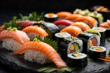 sashimi and sushi rolls served on stone, delicious restaurant food menu