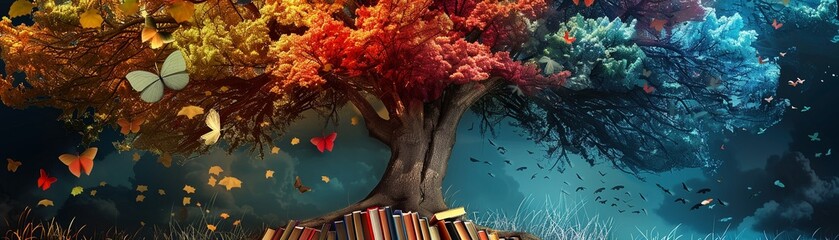 A creative tree made from a collection of colorful books represents the growth and branching out of knowledge.