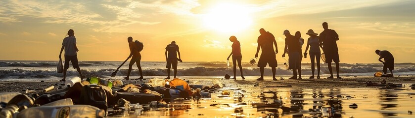 A Dedicated volunteers gather trash on a polluted beach during a sunset cleanup effort.