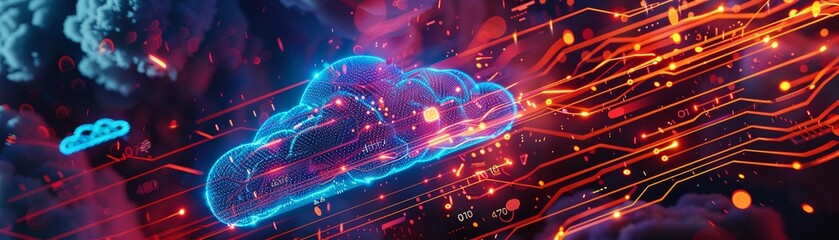 A Digital concept of cloud computing with a neon cloud and circuitry in a vibrant cyberspace.