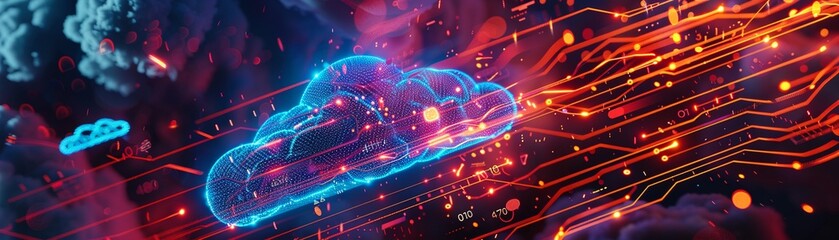 Obraz premium A Digital concept of cloud computing with a neon cloud and circuitry in a vibrant cyberspace.