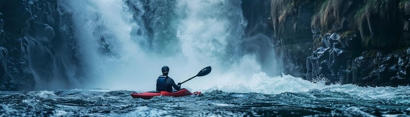 A kayaker paddles near a majestic waterfall