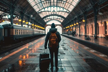 A lone traveler stands with a suitcase at a train station