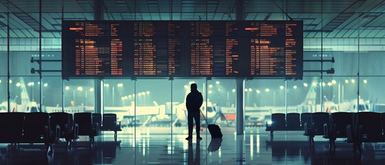 A lone traveler views the departure board in a modern airport terminal