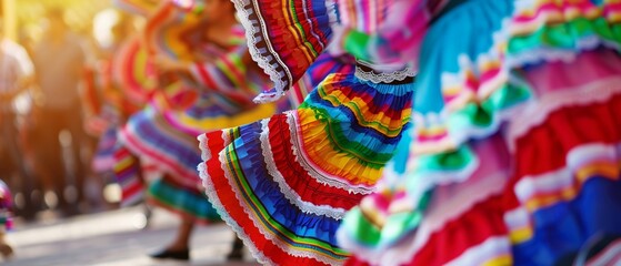 A Mexican dancers in traditional colorful attire perform a vibrant dance
