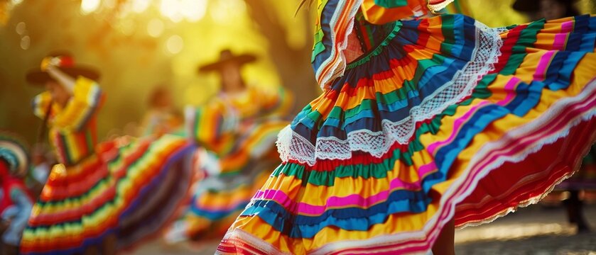 A Mexican dancers in traditional colorful attire perform a vibrant dance