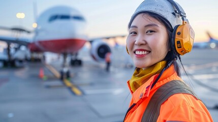 A smiling airport ground crew member with protective earmuffs stands on the tarmac with airplanes in the background.