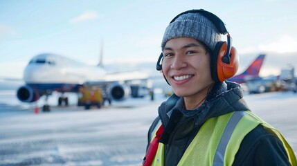 A smiling airport ground crew member with protective earmuffs stands on the tarmac with airplanes in the background.