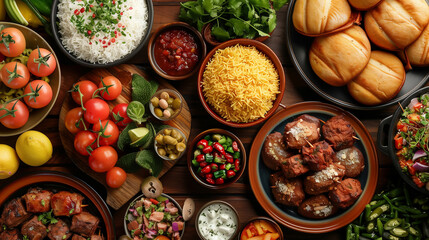 Traditional delicious Brazilian foods on display on a restaurant table, flat lay style.