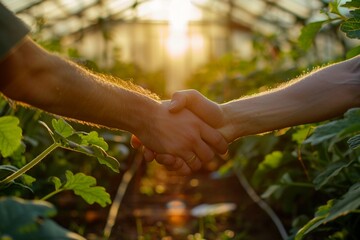 A Two individuals engage in a firm handshake in a sunlit greenhouse