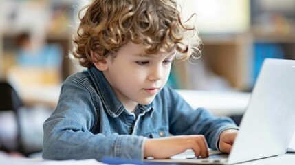 A young child is focused on his schoolwork while using a laptop in a modern classroom setting.