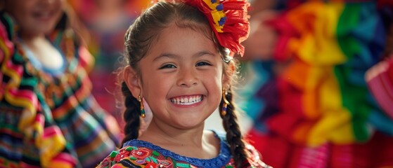 A young girl smiles as she performs in a colorful traditional Mexican dance costume with others in motion around her.