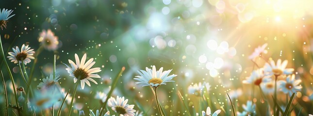 Ethereal Spring Meadow: Sunlit White Daisies, Soft Blurred Background in Impressionist Tones and...