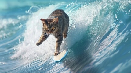 An adventurous domestic cat humorously photoshopped to appear surfing on a towering blue wave. - obrazy, fototapety, plakaty