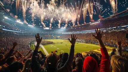 An American football stadium erupts in celebration with dazzling fireworks during a significant sports event. - obrazy, fototapety, plakaty