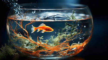 Goldfish splashing in a bowl of water. water world. fauna and biology. concept of achieving goal and freedom