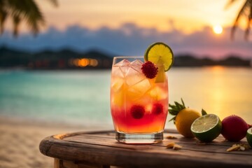 Fresh cocktail summer drink at luxury tropical beach resort on sunset background