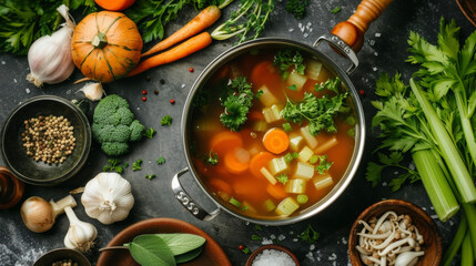 A bowl of soup filled with vibrant carrots, celery, onions, and assorted vegetables, inviting and nutritious. - obrazy, fototapety, plakaty