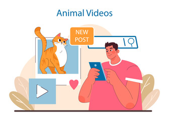 Online Animal Engagement concept. A man shares heartwarming animal videos on a social platform.