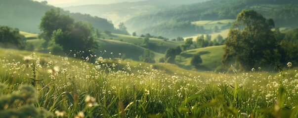 Majestic Meadows at Dusk: Tranquil Later Spring Scenery in a Valley, Offering a Stunning Panoramic Vista - obrazy, fototapety, plakaty