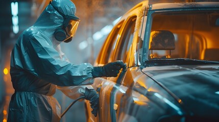 Automotive Mechanic Painting Car Body in Protective Workwear and Respirator in Paint Chamber - obrazy, fototapety, plakaty