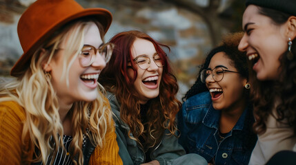 Cheerful Friends Enjoying Outdoor Adventure and Laughter Together - obrazy, fototapety, plakaty