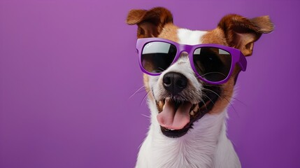 Cheerful Puppy Wearing Stylish Purple Sunglasses in Studio Portrait