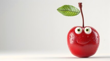 Cherry Cartoon Character with Googly Eyes on Plain White Background
