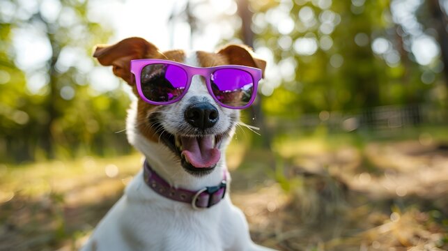 Cheerful Canine in Modern Purple Sunglasses Enjoying Outdoor Nature Adventure
