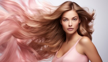 Naklejka premium Portrait of a beautiful Blonde Hair of caucasian woman with a bright smile for shampoo advertising concept Hair conditioner and cosmetic products on pastel pink background.